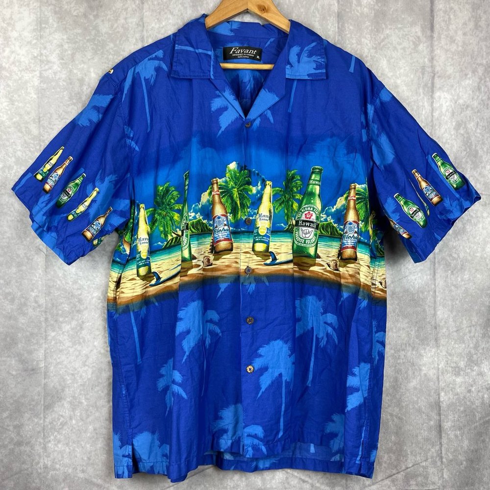Favant Mens Blue Beer Bottles Graphic Print Hawaiian Camp Shirt Size XL